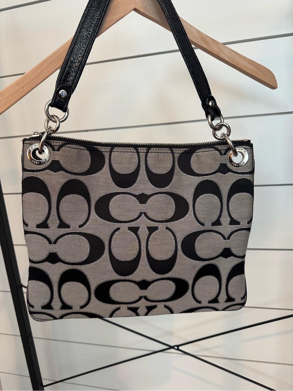 Coach Black and Gray Signature Canvas Shoulder Bag - Picture 2 of 4